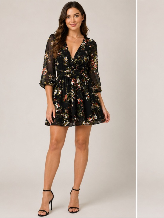 Gianni Bini Dresses & Skirts - Gianni Bini Floral Wrap Mini Dress – Black Multi – Size M – 3/4 Sheer Sleeve
